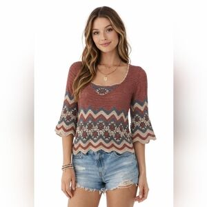 Bette Sung Silk Blend Open Knit Crochet Boho Retro Festival Hippie Top Medium